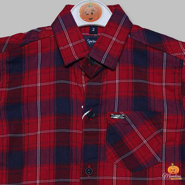 Red Checks Full Sleeves Shirt for Boys Close Up View