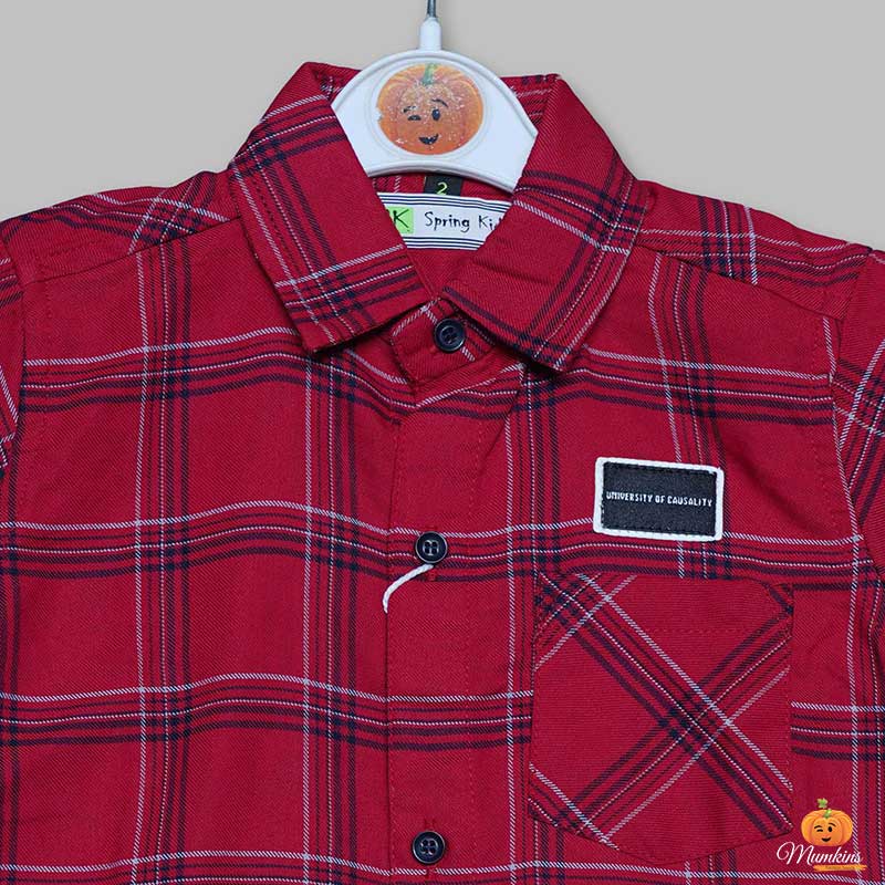 Red Checks Full Sleeves Shirt for Boys Close Up View