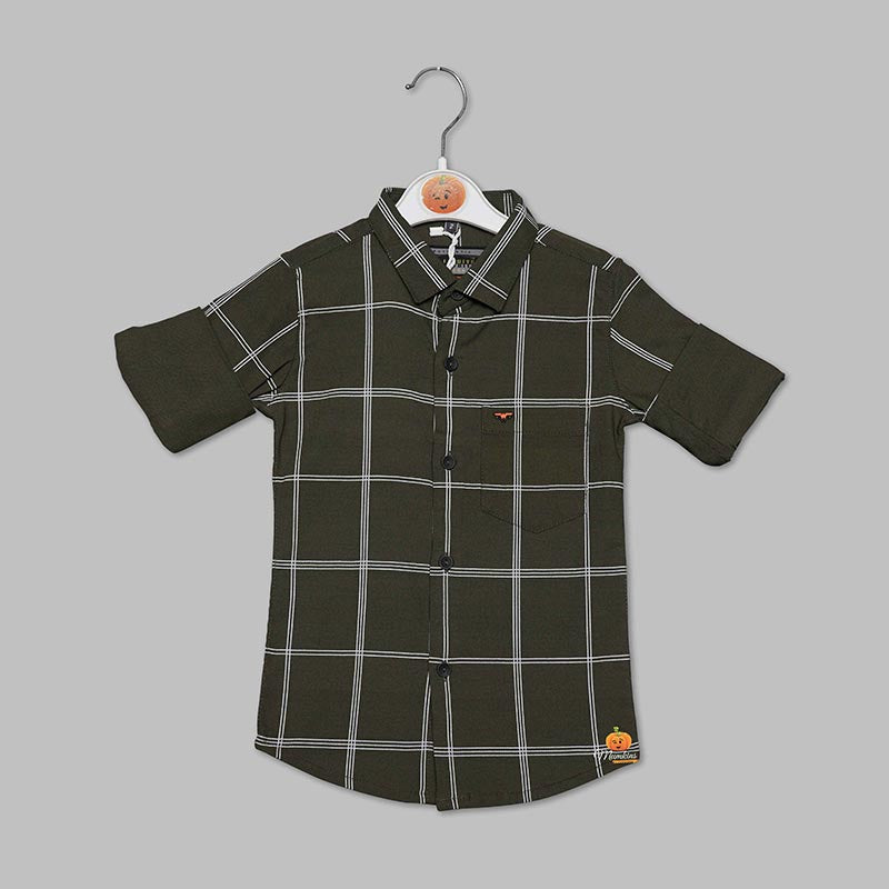 Checks pattern boys shirt dark green