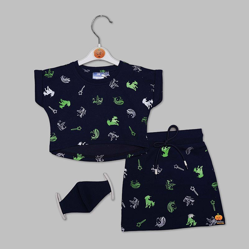 Green-Navy Blue Skirt And Top For Girls