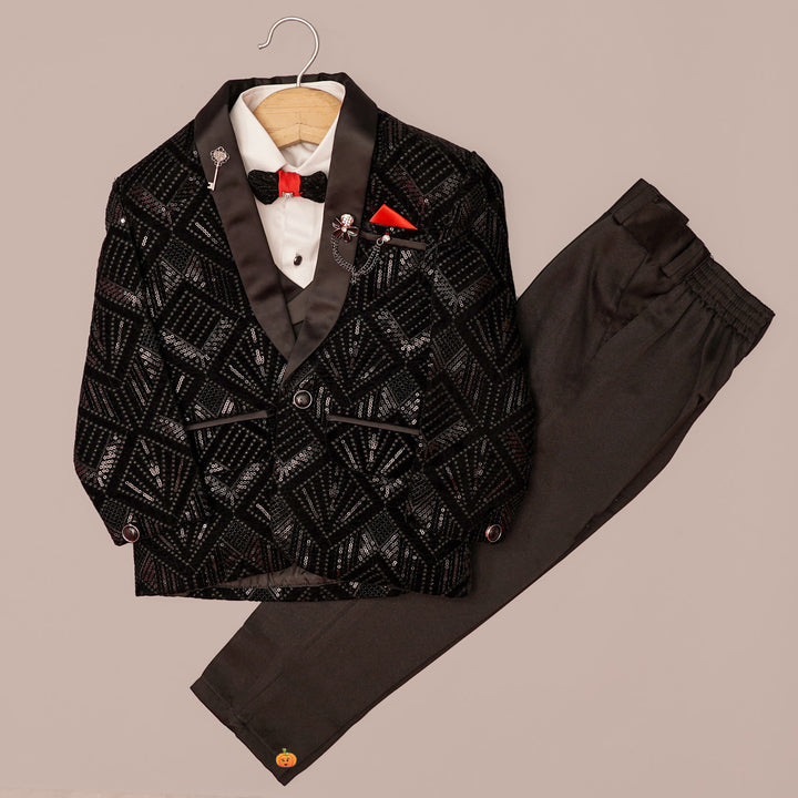 Designer Black Boys Tuxedo Suit with Bow Tie Front View