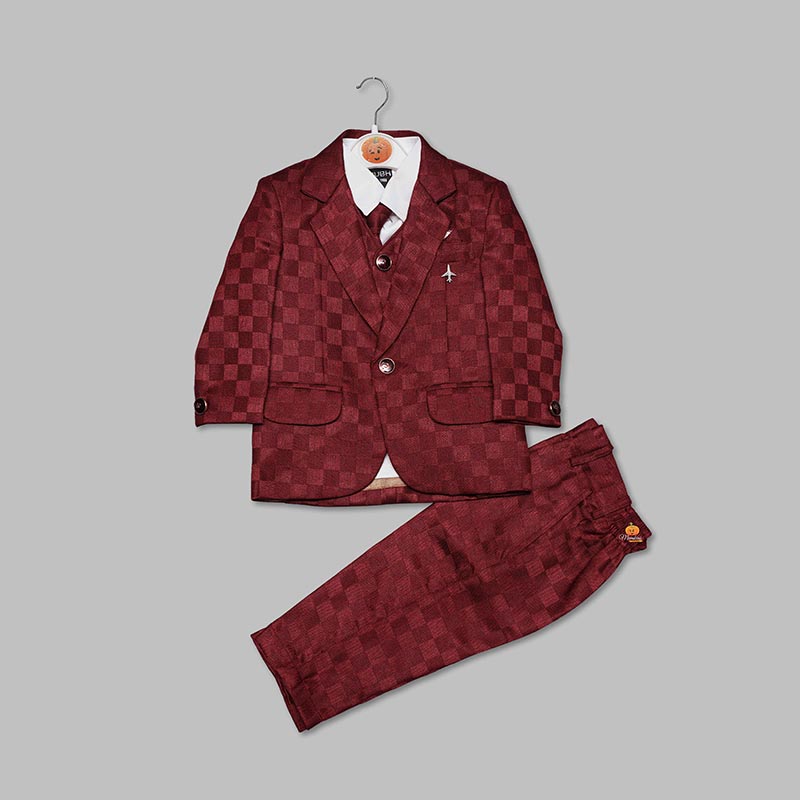 Maroon Checks Party Wear Boys Suit Front View