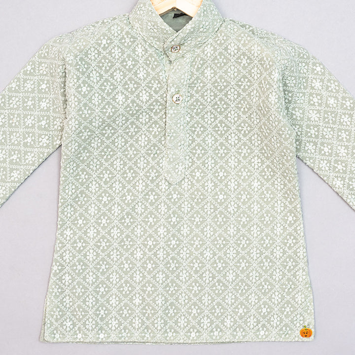 Pista Chikankari Embroidered Boys Kurta Pajama Close Up View