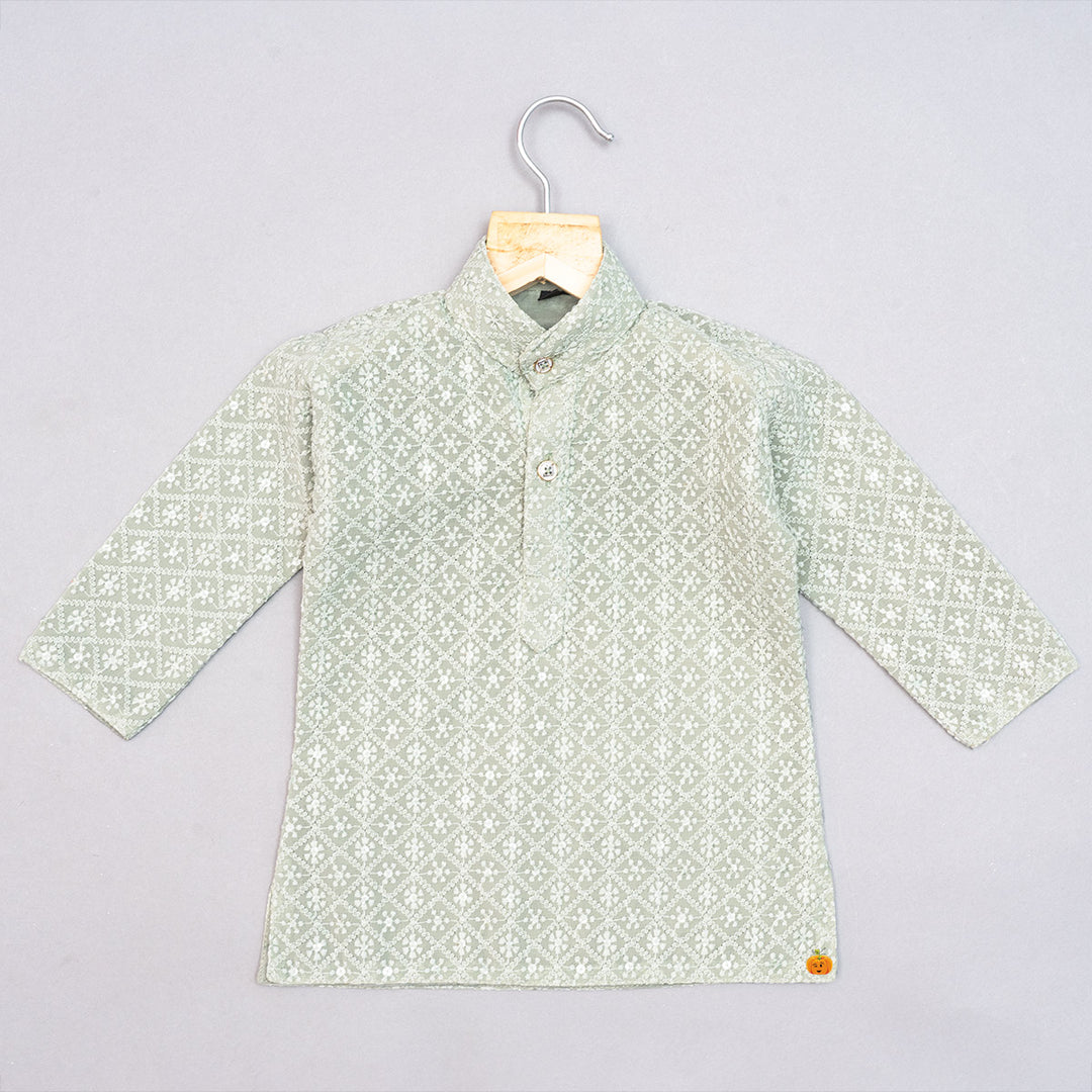 Pista Chikankari Embroidered Boys Kurta Pajama Top View