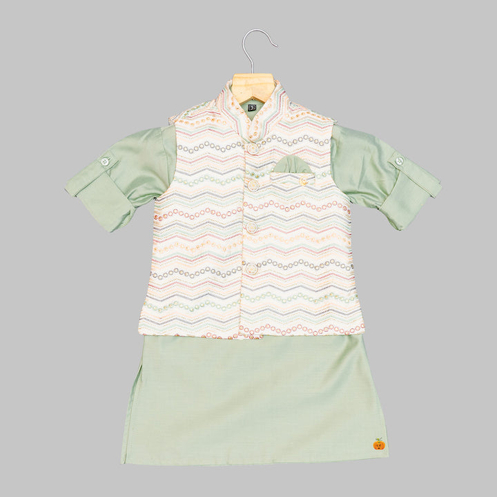 Pista Embroidered Boys Kurta Pajama with Jacket Top View