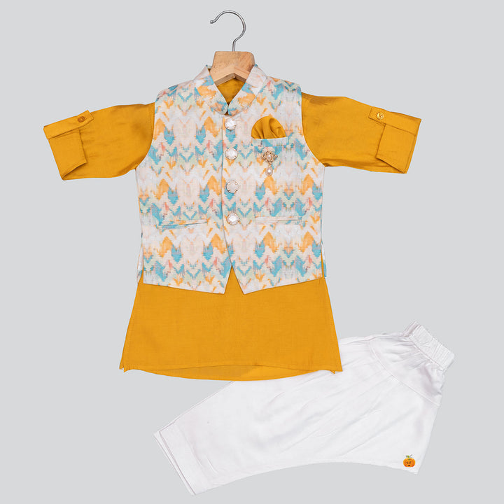 Mustard Printed Kurta Pajama for Boys Front View