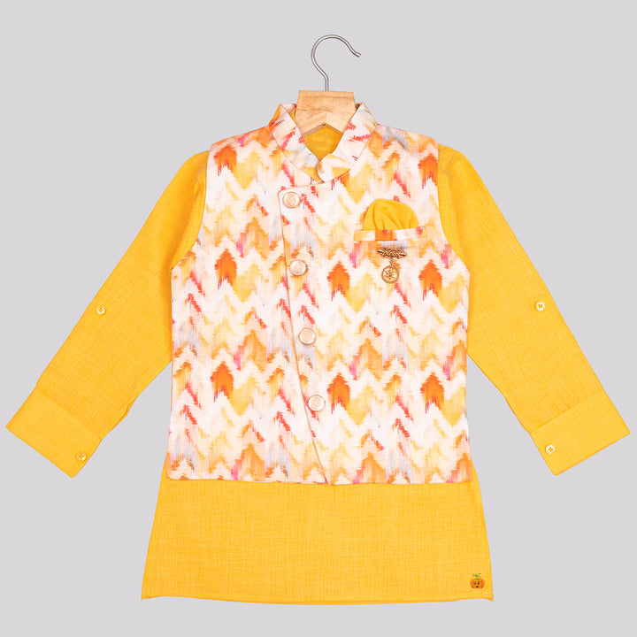Yellow Printed Kurta Pajama for Boys with Jacket Front Front View