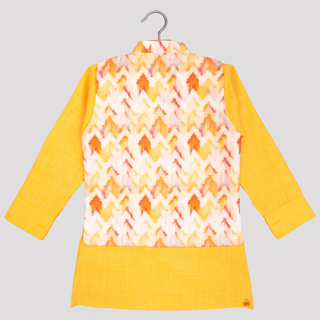 Yellow Printed Kurta Pajama for Boys with Jacket Back View