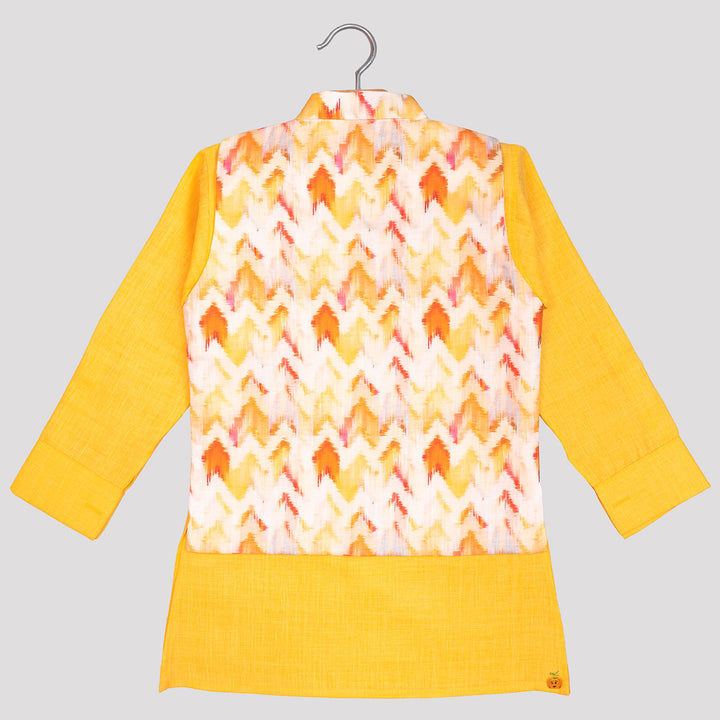 Yellow Printed Kurta Pajama for Boys with Jacket Back View