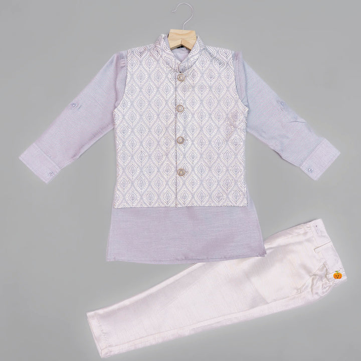 Grey Printed Kurta Pajama for Boys Front View