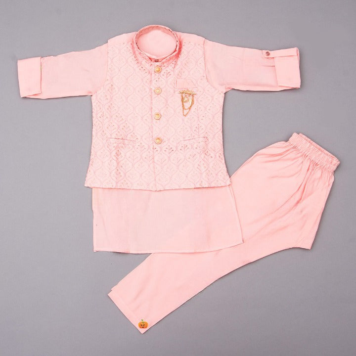 Pink & Pista Kurta Pajama for Boys with Nehru Jacket Full View