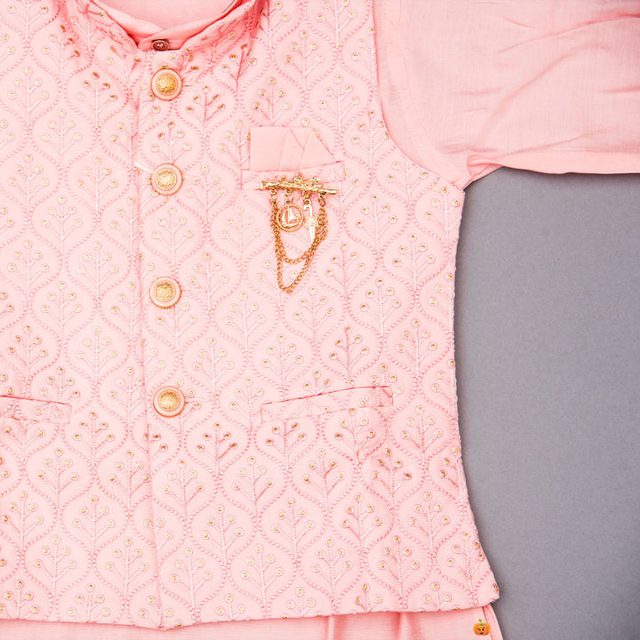 Pink & Pista Kurta Pajama for Boys with Nehru Jacket Close Up View