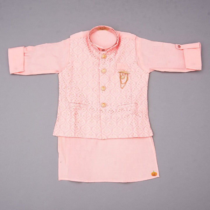 Pink & Pista Kurta Pajama for Boys with Nehru Jacket Top View