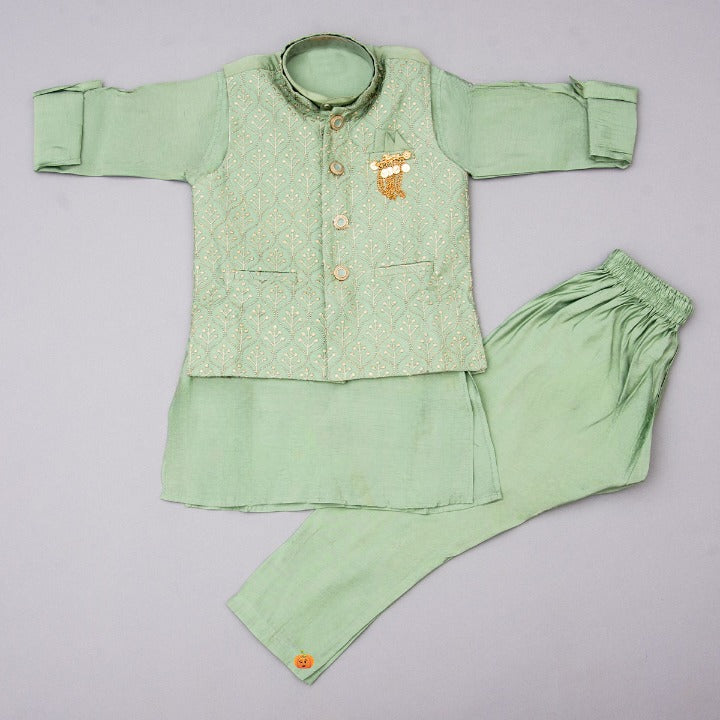 Pink & Pista Kurta Pajama for Boys with Nehru Jacket Variant Front View