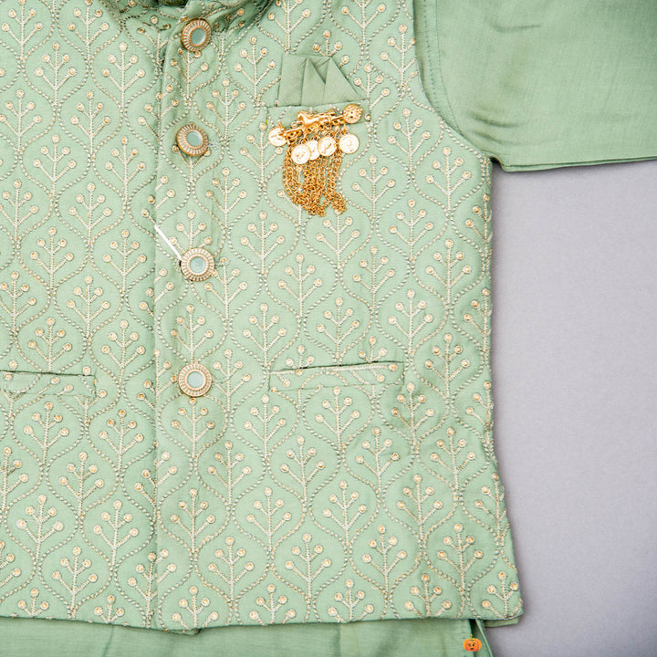 Pink & Pista Kurta Pajama for Boys with Nehru Jacket Variant Close Up View