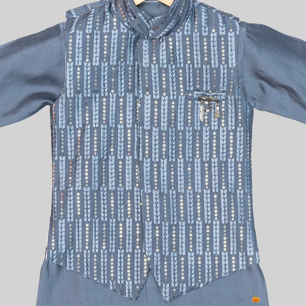 Grey Boys Kurta Pajama with Jacket Close Up View