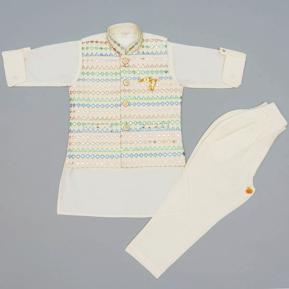 Cream Embroidered Boys Kurta Pajama with Jacket Front View