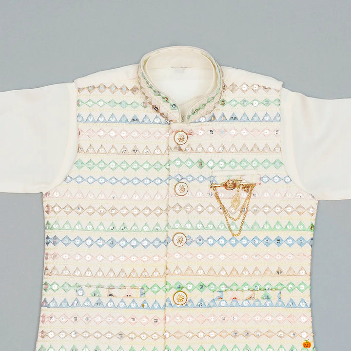Cream Embroidered Boys Kurta Pajama with Jacket Close Up View