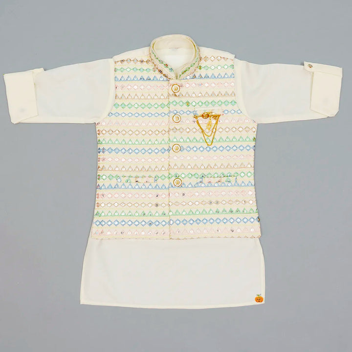 Cream Embroidered Boys Kurta Pajama with Jacket Top View