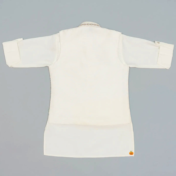 Cream Embroidered Boys Kurta Pajama with Jacket Back View