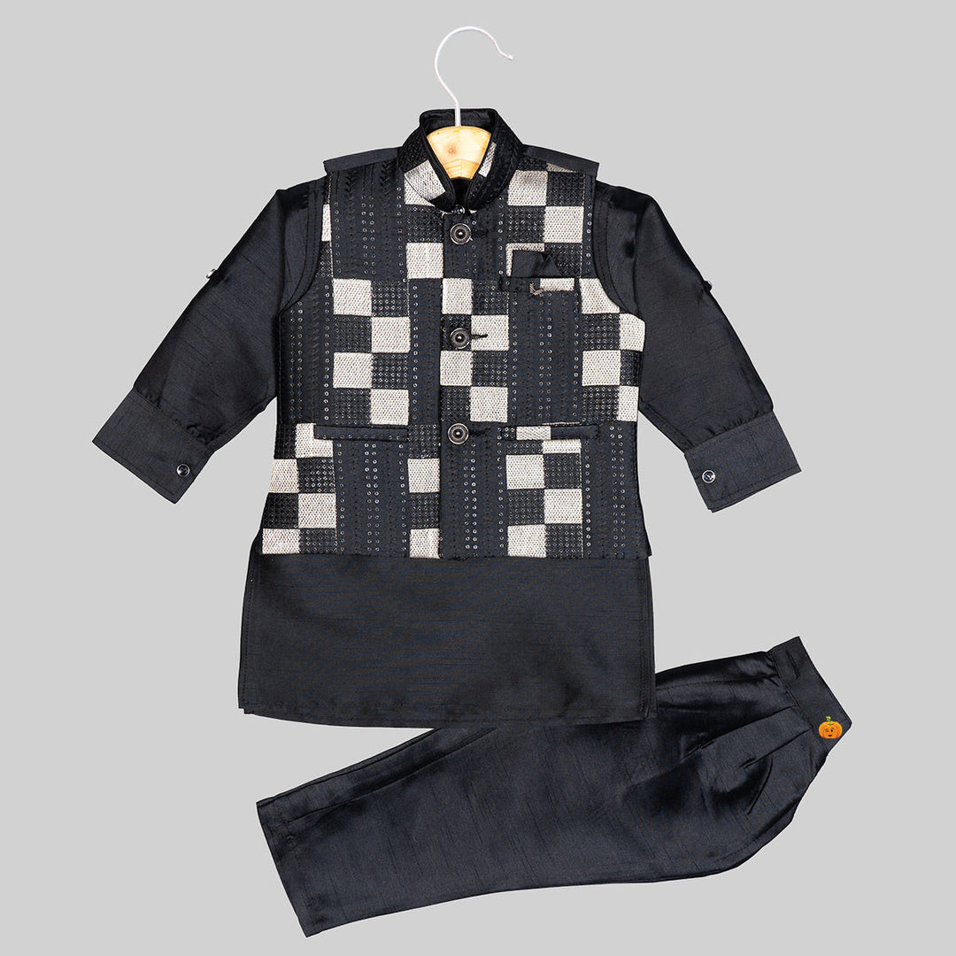 Black Checks Pattern Boys Kurta Pajama Front View