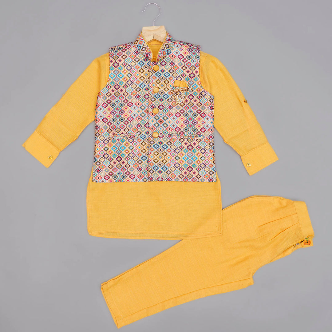 Golden Printed Jacket with Boys Kurta Pajama Front View