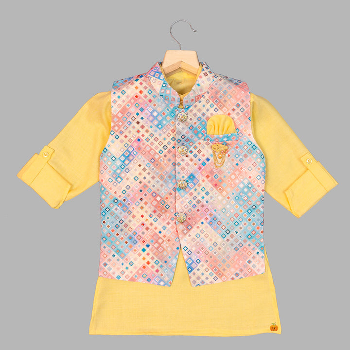 Yellow Boys Kurta Pajama with Printed Nehru Jacket Top View
