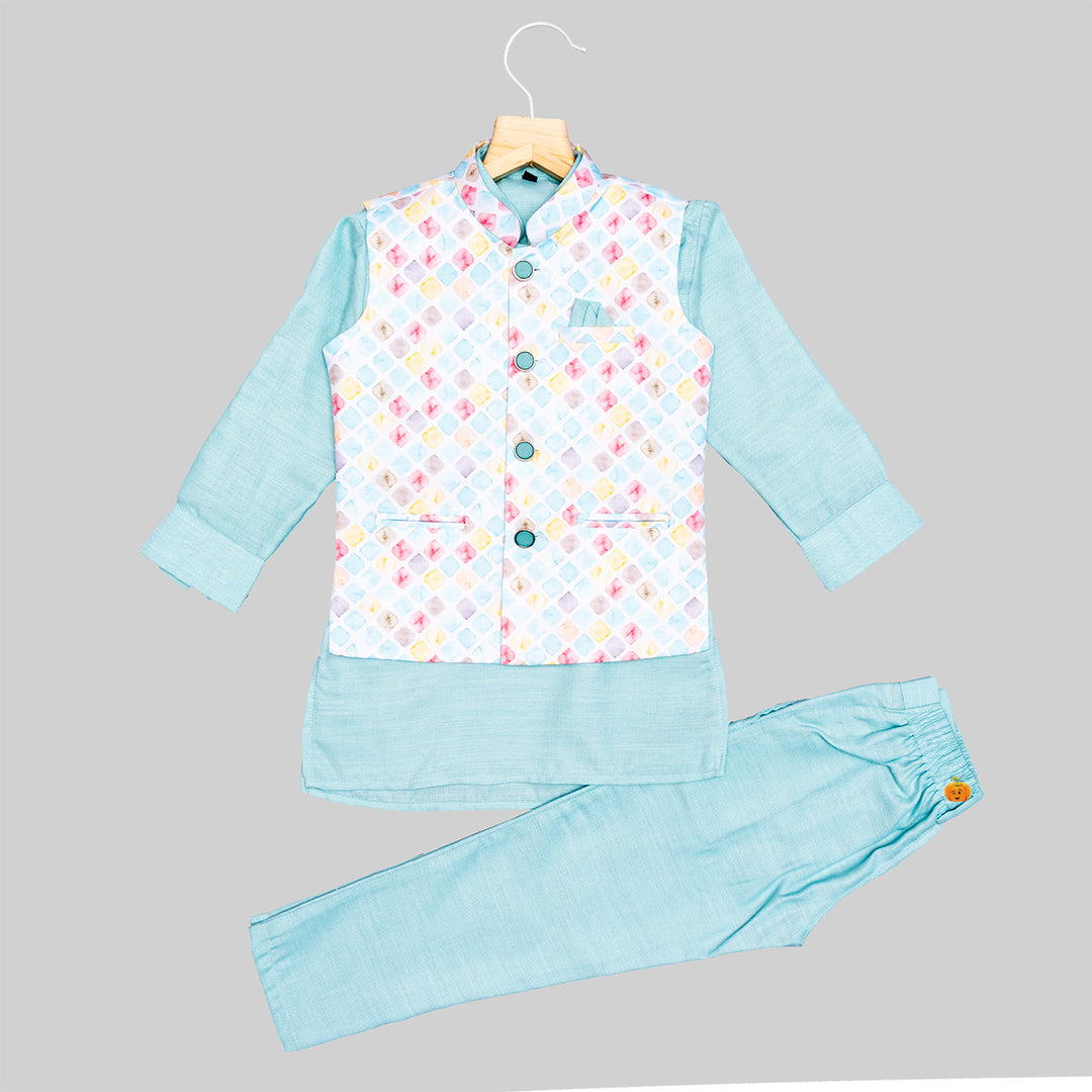 Sea Green Diamond Print Kurta Pajama for Boys Front View