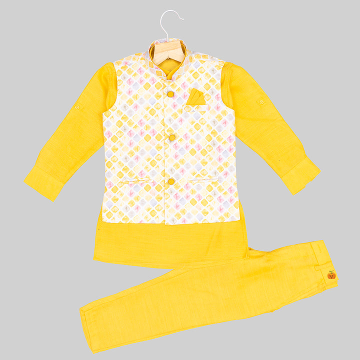 Yellow Diamond Print Kurta Pajama for Boys Front View