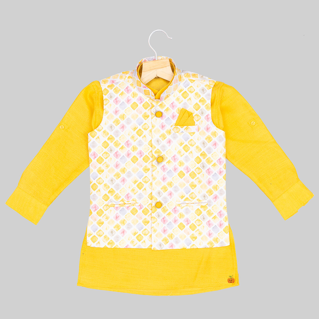Yellow Diamond Print Kurta Pajama for Boys Top View