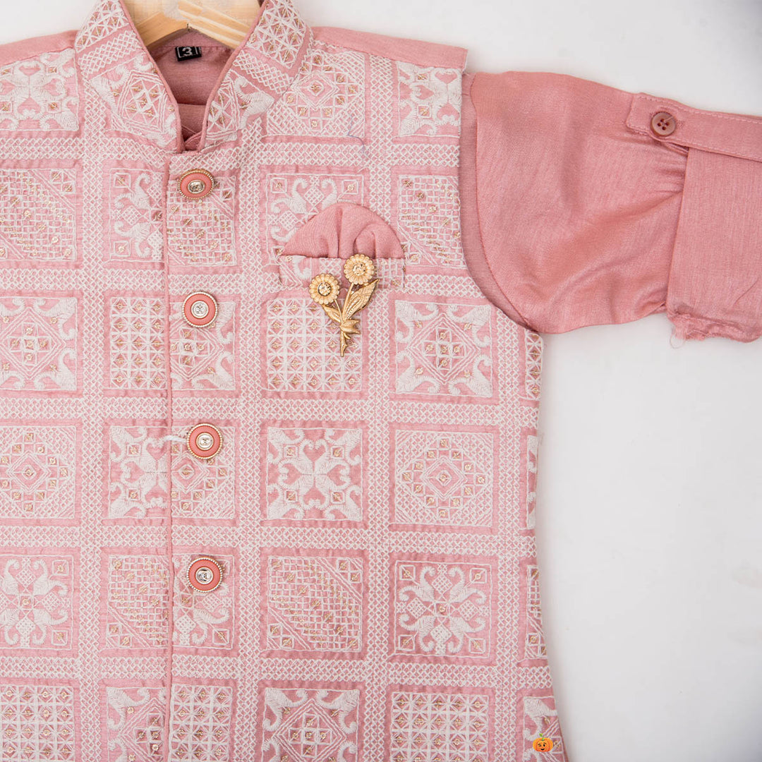 Pastel Peach Kids Kurta Pajama and Jacket Close Up View