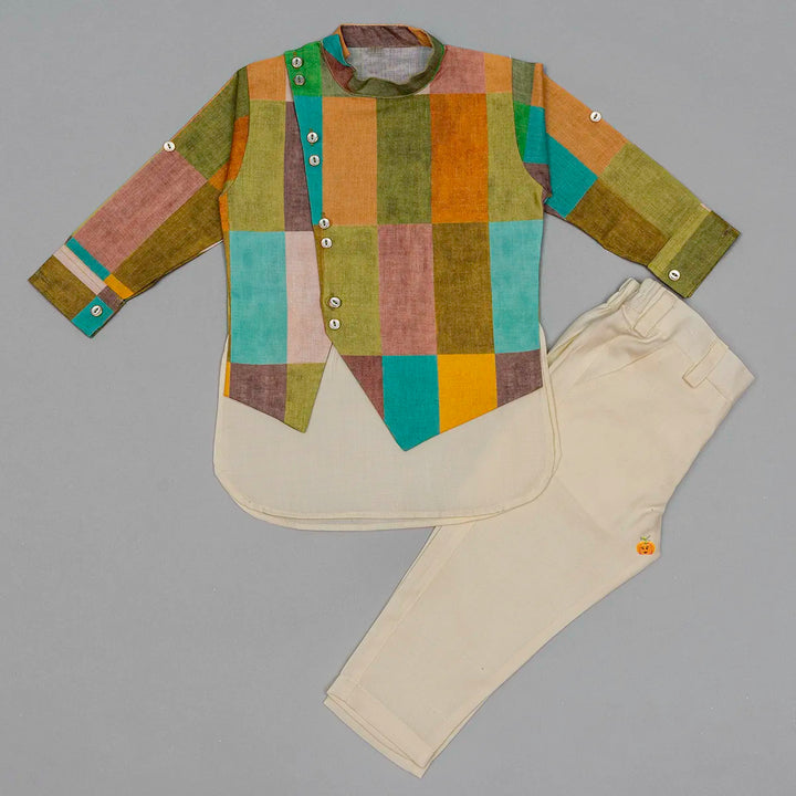 Multi Colored Boys Kurta Pajama with Jacket Front View