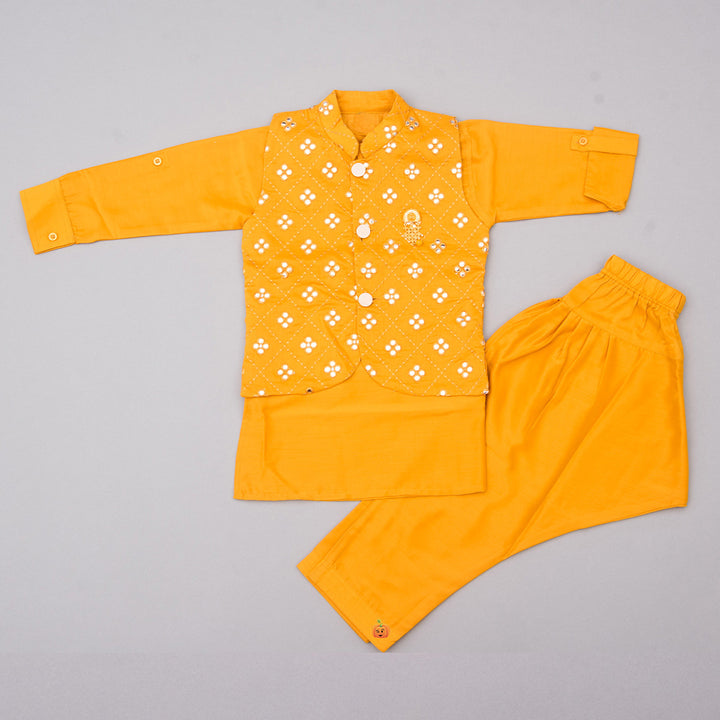 Mirror Work Kids Kurta Pajama with Nehru Jacket Front View