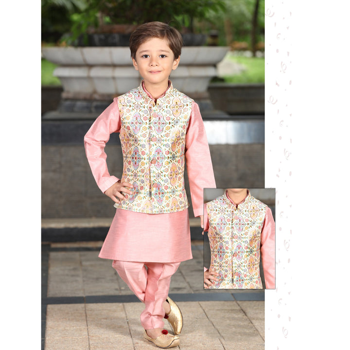 Plain Boys Kurta Pajama with Detailed Design Nehru Jacket Front View