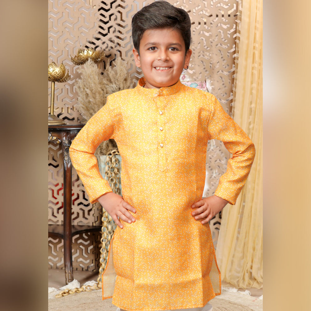 Boys Printed Kurta Pyjama in Yellow Color Close Up View