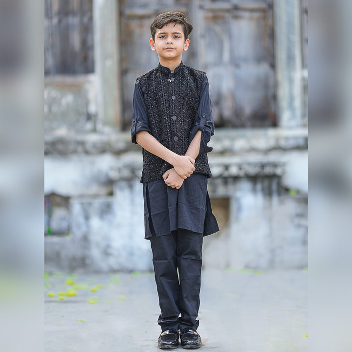 Boys Kurta Pajama with Sequin Nehru Jacket Front View