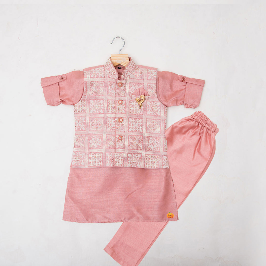 Pastel Peach Kids Kurta Pajama and Jacket Front View