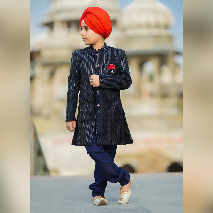 Navy Blue Sequin Sherwani for Boys Model Image Front View