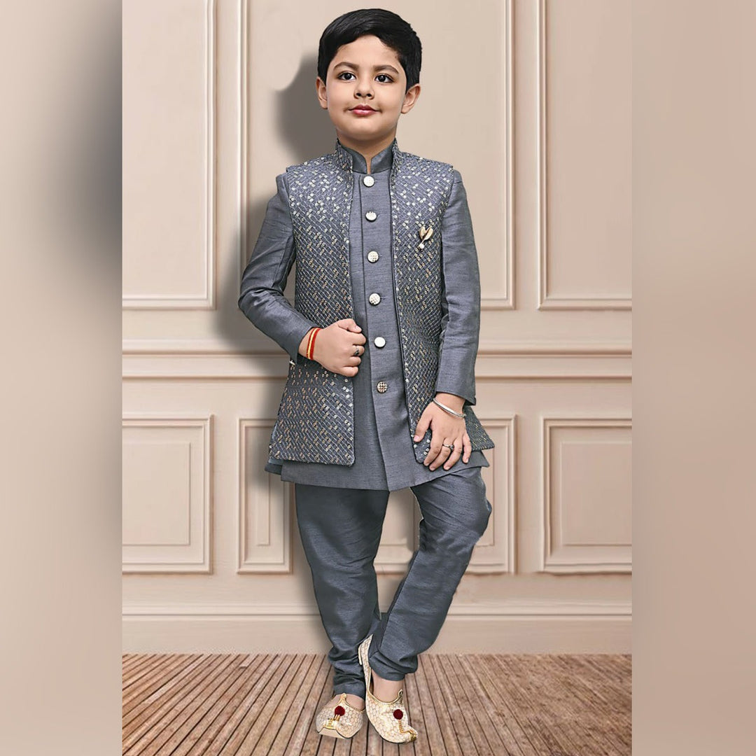 Buy Grey Boys Kurta Churidar Nehru Jacket – Mumkins