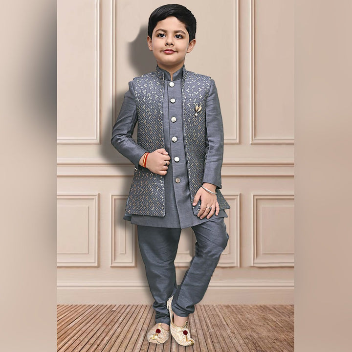 Grey Boys Kurta with Churidar & Jacket Front View