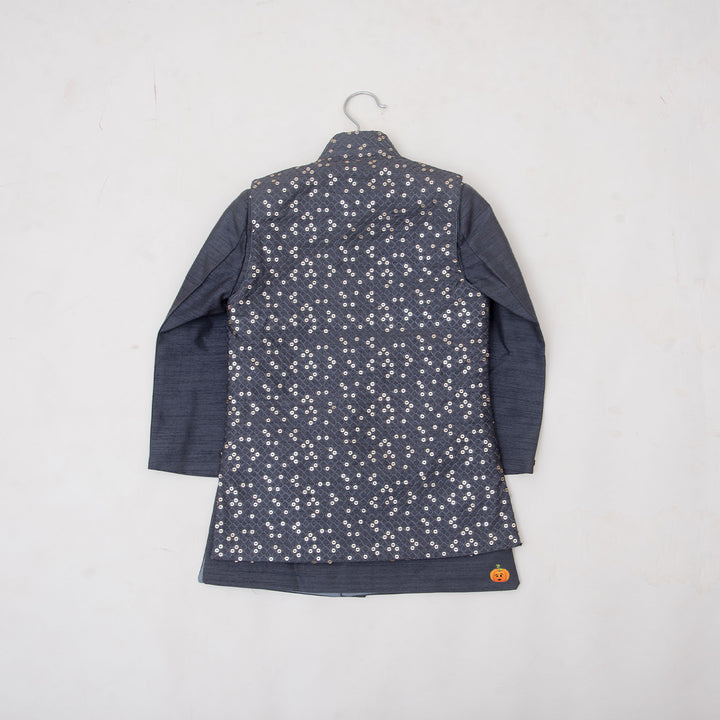 Grey Boys Kurta with Churidar & Jacket Back View