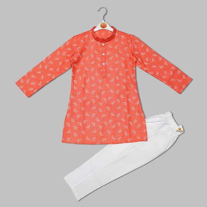 Stem Print Boys Kurta Pajama in White Front View