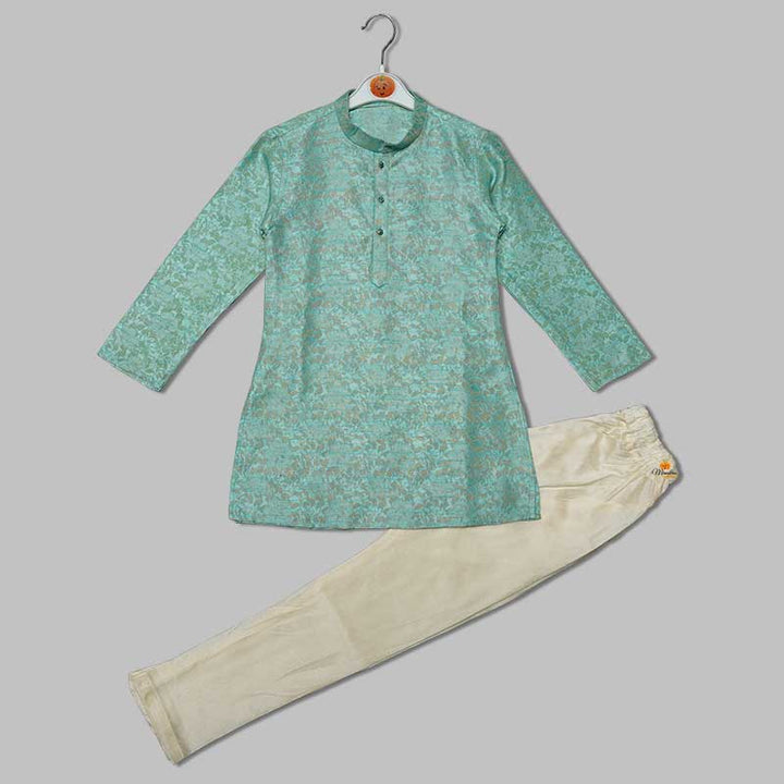 Turquoise & Yellow Printed Boys Kurta Pajama Front View