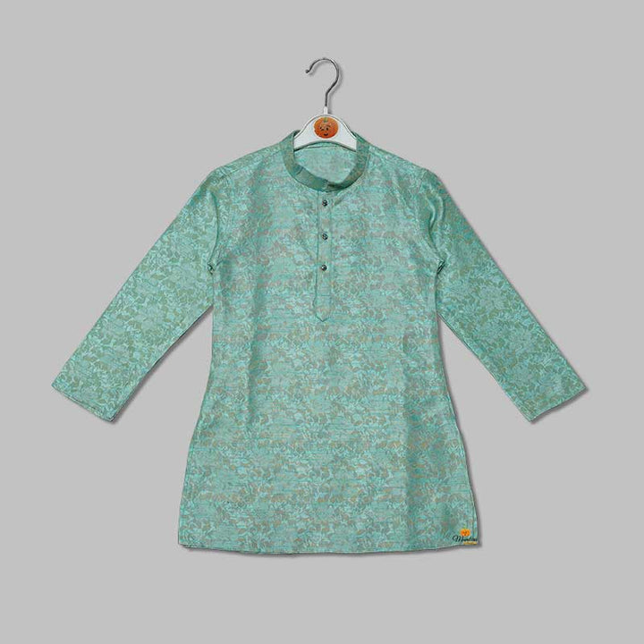 Turquoise & Yellow Printed Boys Kurta Pajama Top View