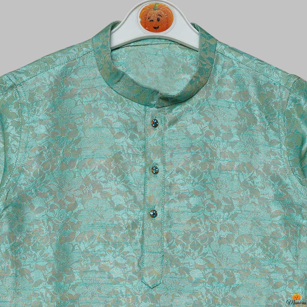 Turquoise & Yellow Printed Boys Kurta Pajama Close Up View 