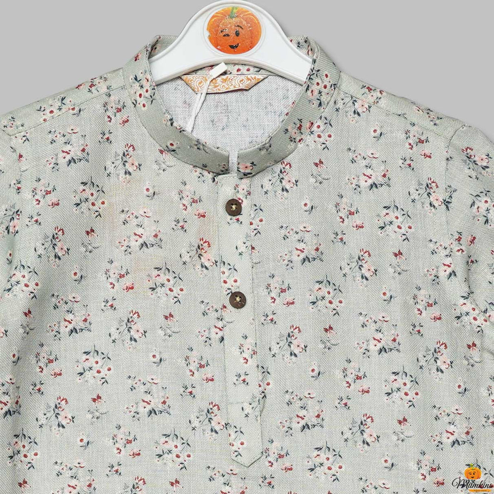 Pista Floral Printed Boys Kurta Pajama Close Up View
