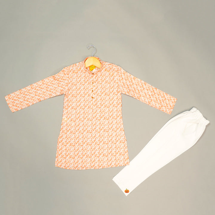 Coral Leaf Print Boys Kurta Pajama Front View