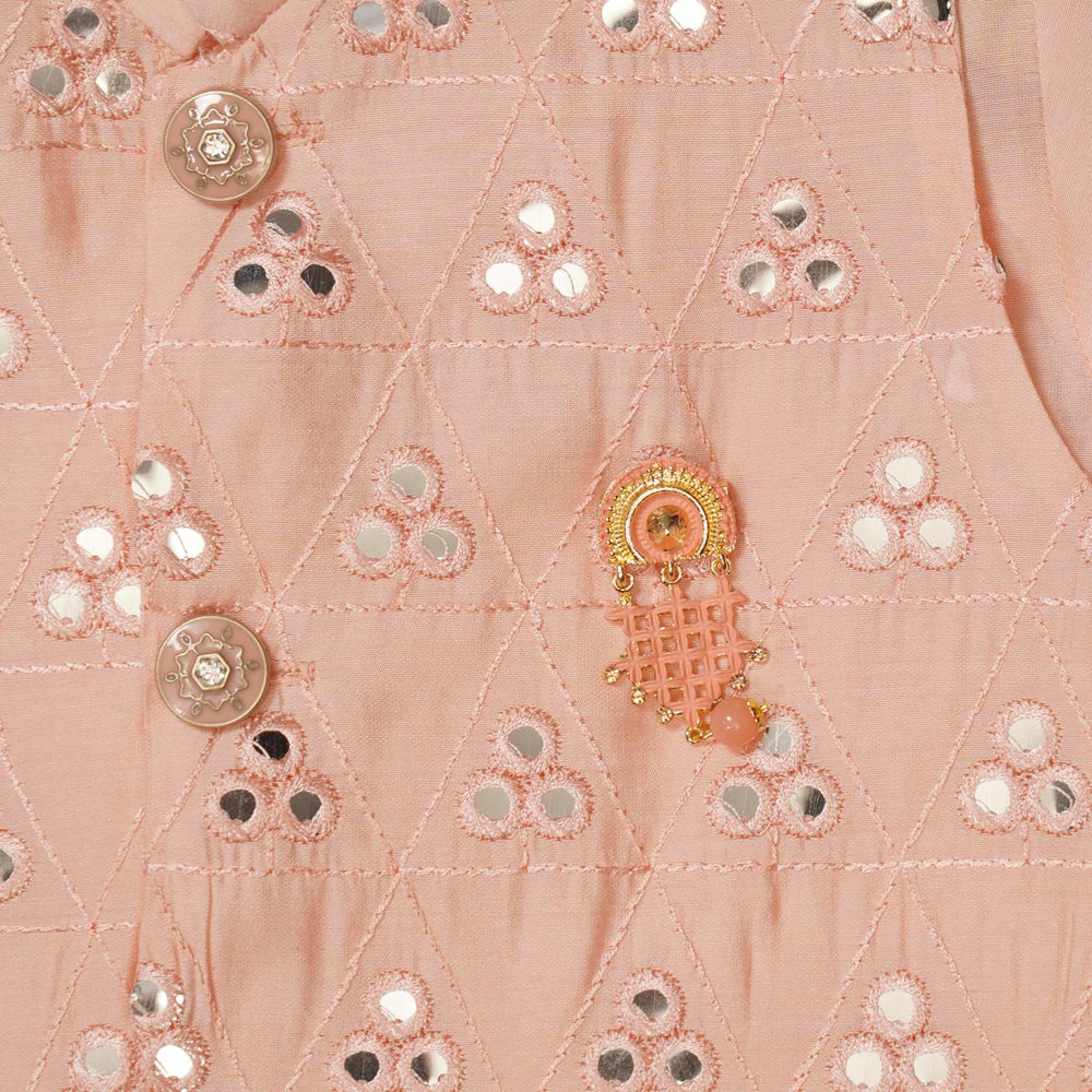 Peach Boys Kurta Pajama and Nehru Jacket Close Up View