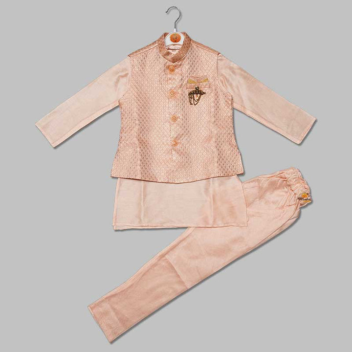 Gold Foil Work Kurta Pajama for Kids with Nehru Jacket Front View