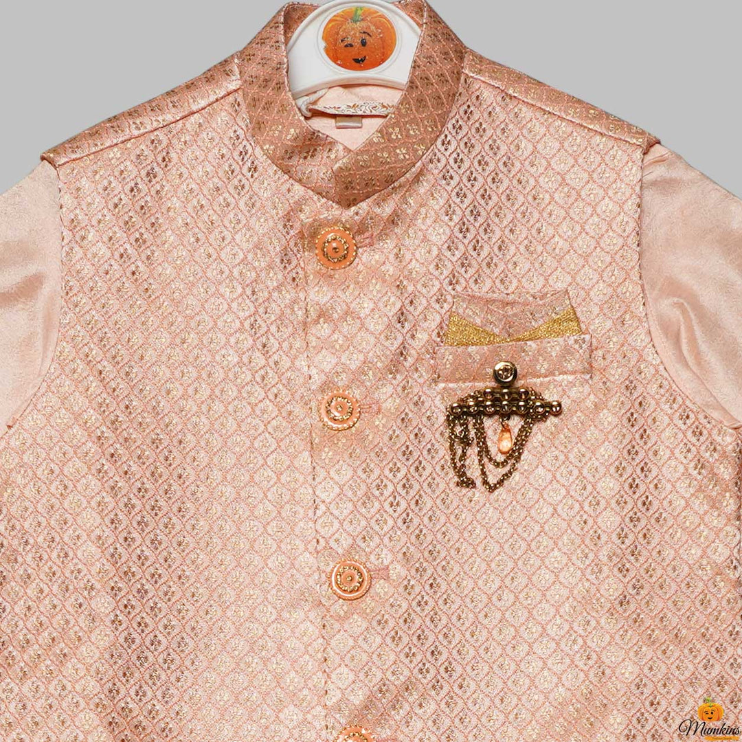 Gold Foil Work Kurta Pajama for Kids with Nehru Jacket Close Up View